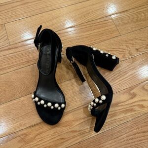 STUART WEITZMAN Pearls Chunky Heel Suede Sandals - Black size 5.5